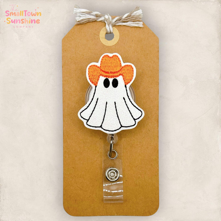 Cowboy Ghost Retractable Badge Reel: Halloween ID Holder, Name Tag, Swappable Topper, Coworker Gift, Lanyard, MRI Safe, Heavy Duty | GLITTER
