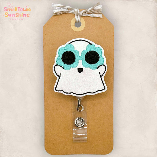Teal Flower Glasses Ghost Retractable Badge Reel: Halloween ID Holder, Name Tag, Coworker Gift, Lanyard, MRI Safe, Heavy Duty | GLITTER