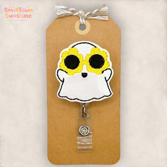 Yellow Flower Glasses Ghost Retractable Badge Reel: Halloween ID Holder, Name Tag, Coworker Gift, Lanyard, MRI Safe, Heavy Duty | GLITTER