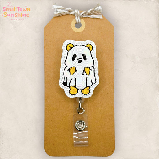 Yellow Bear Ghost Retractable Badge Reel: Halloween ID Holder, Name Tag, Swappable Topper, Coworker Gift, Lanyard, MRI Safe, Heavy Duty
