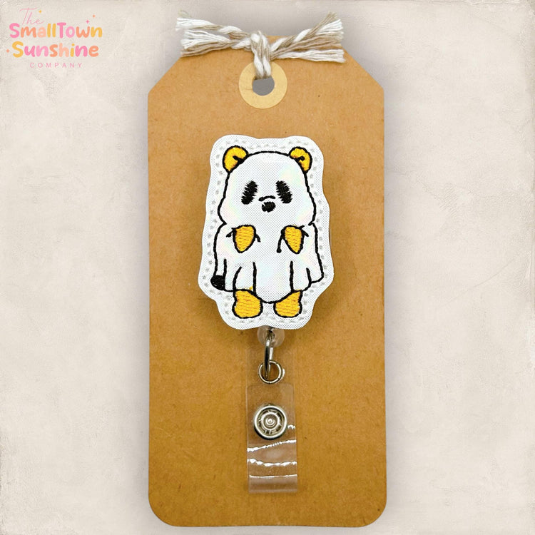 Yellow Bear Ghost Retractable Badge Reel: Halloween ID Holder, Name Tag, Swappable Topper, Coworker Gift, Lanyard, MRI Safe, Heavy Duty