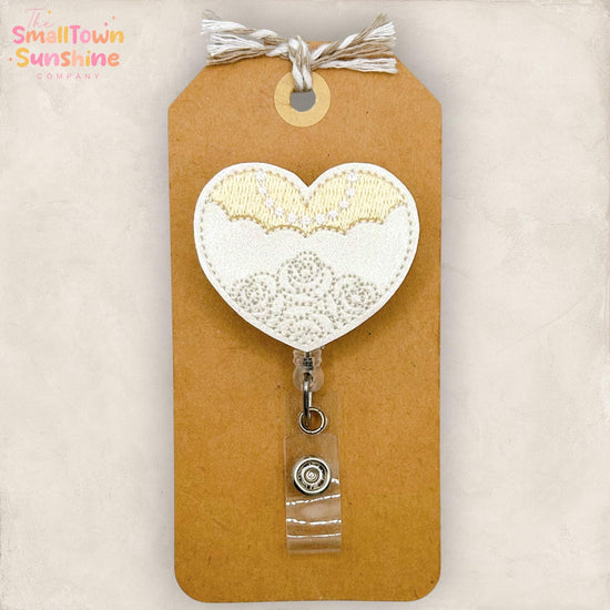 Bride Heart Retractable Badge Reel: Wedding ID Holder, Name Tag, Swappable Topper, Coworker Gift, Lanyard, MRI Safe, Heavy Duty | GLITTER
