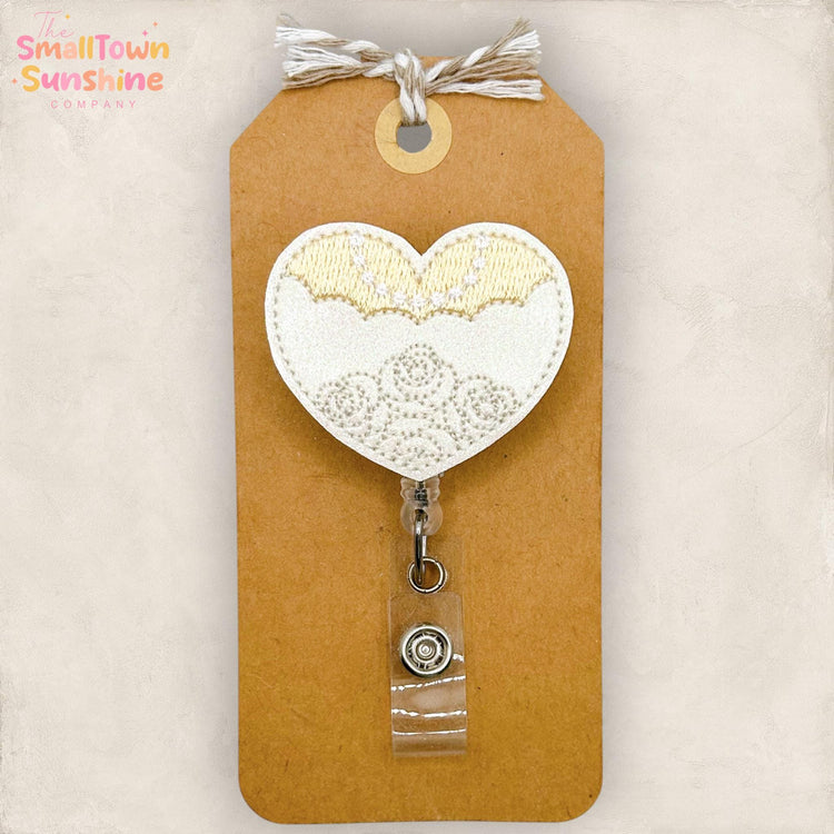 Bride Heart Retractable Badge Reel: Wedding ID Holder, Name Tag, Swappable Topper, Coworker Gift, Lanyard, MRI Safe, Heavy Duty | GLITTER