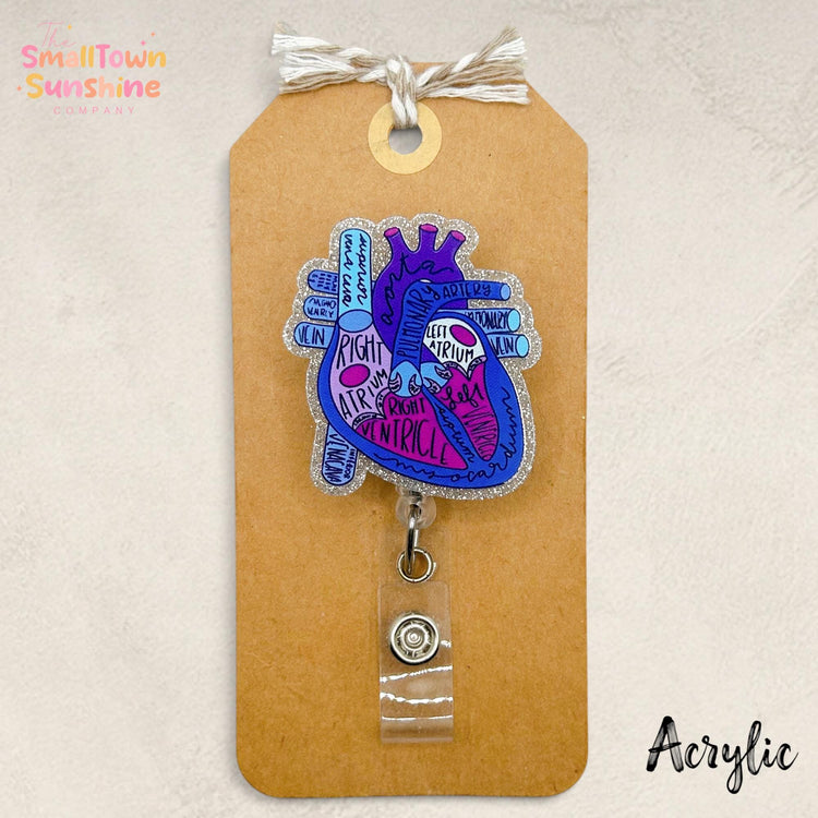 Anatomical Heart Retractable Badge Reel: Cardio Id Holder, Name Tag, Topper, Coworker Gift, Lanyard, MRI Safe, Heavy Duty | ACRYLIC GLITTER