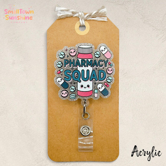 Pharmacy Squad Retractable Badge Reel: Medical Id Holder, Name Tag, Topper, Coworker Gift, Lanyard, MRI Safe, Heavy Duty | ACRYLIC GLITTER