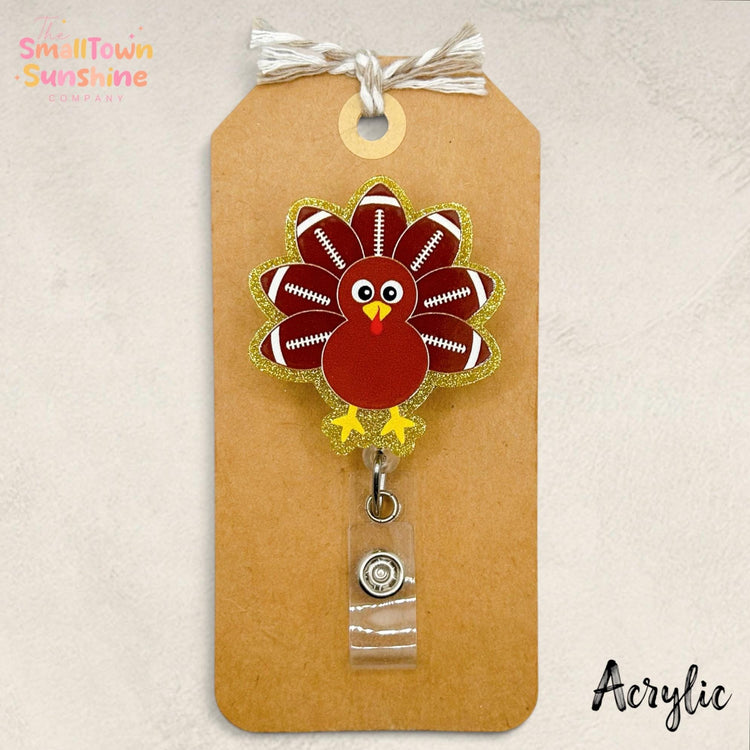 Football Turkey Retractable Badge Reel: Thanksgiving Id Holder, Name Tag, Coworker Gift, Lanyard, MRI Safe, Heavy Duty | ACRYLIC GLITTER