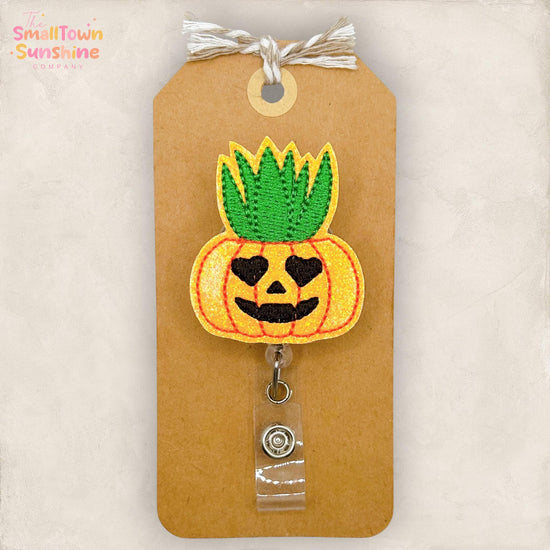 Jack o Lantern Planter Retractable Badge Reel: Halloween ID Holder, Name Tag, Topper, Coworker Gift, Lanyard, MRI Safe, Heavy Duty | GLITTER