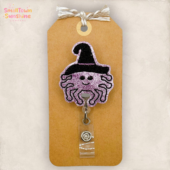 Spider Witch Retractable Badge Reel: Halloween ID Holder, Name Tag, Swappable Topper, Coworker Gift, Lanyard, MRI Safe, Heavy Duty | GLITTER