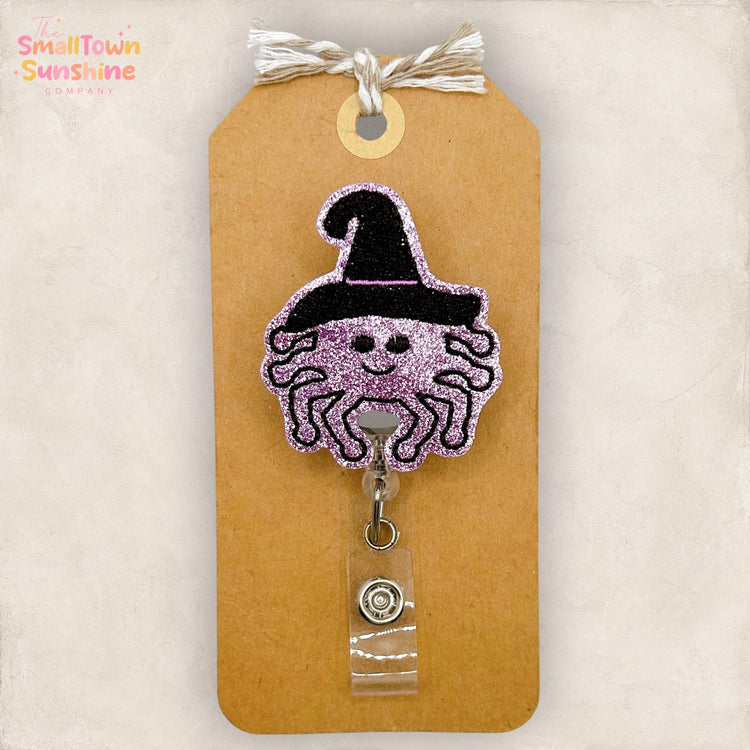 Spider Witch Retractable Badge Reel: Halloween ID Holder, Name Tag, Swappable Topper, Coworker Gift, Lanyard, MRI Safe, Heavy Duty | GLITTER