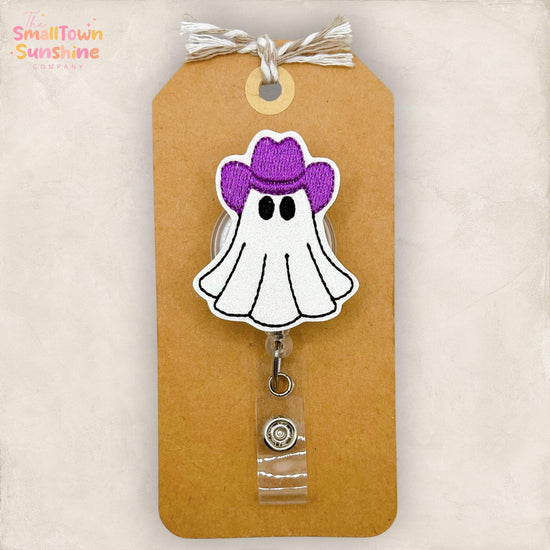 Cowboy Ghost Retractable Badge Reel: Halloween ID Holder, Name Tag, Swappable Topper, Coworker Gift, Lanyard, MRI Safe, Heavy Duty | GLITTER