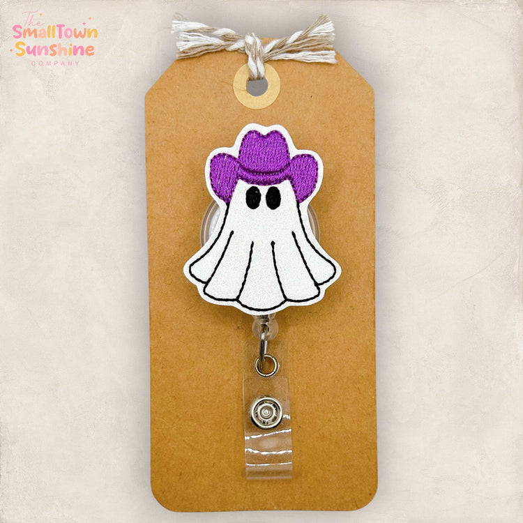 Cowboy Ghost Retractable Badge Reel: Halloween ID Holder, Name Tag, Swappable Topper, Coworker Gift, Lanyard, MRI Safe, Heavy Duty | GLITTER