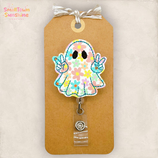 Floral Peace Ghost Retractable Badge Reel: Groovy Halloween ID Holder, Name Tag, Topper, Coworker Gift, Lanyard, MRI Safe, Heavy Duty