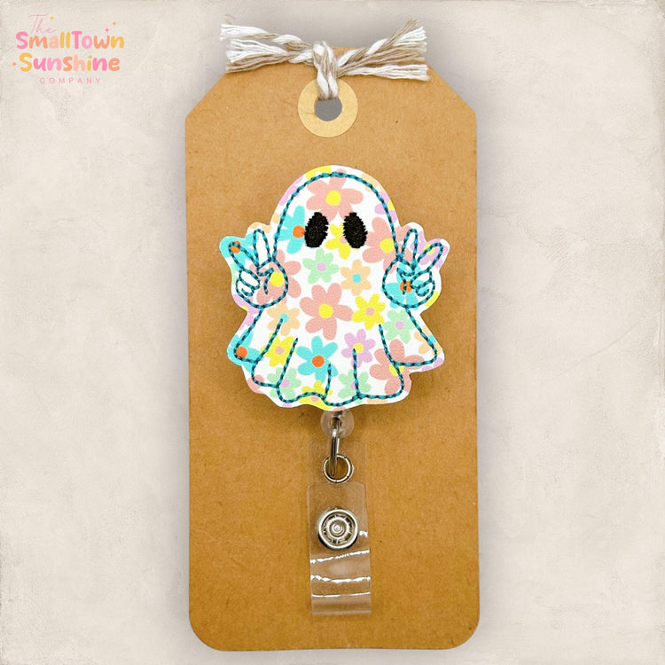 Floral Peace Ghost Retractable Badge Reel: Groovy Halloween ID Holder, Name Tag, Topper, Coworker Gift, Lanyard, MRI Safe, Heavy Duty