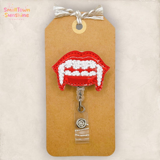 Vampire Fangs Retractable Badge Reel: Halloween ID Holder, Name Tag, Swappable Topper, Coworker Gift, Lanyard, MRI Safe, Heavy Duty