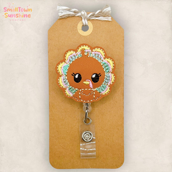 Pastel Brown Turkey Retractable Badge Reel: Thanksgiving ID Holder, Name Tag, Swappable Topper, Coworker Gift, Lanyard, MRI Safe, Heavy Duty