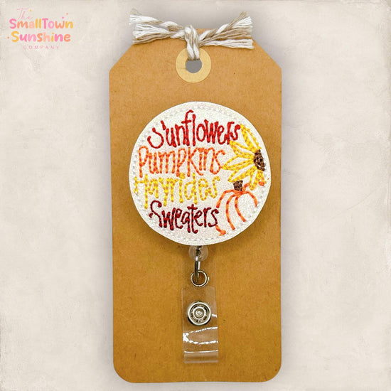 Sunflowers Pumpkins Hayrides Sweaters Retractable Badge Reel: ID Holder, Name Tag, Coworker Gift, Lanyard, MRI Safe, Heavy Duty | GLITTER