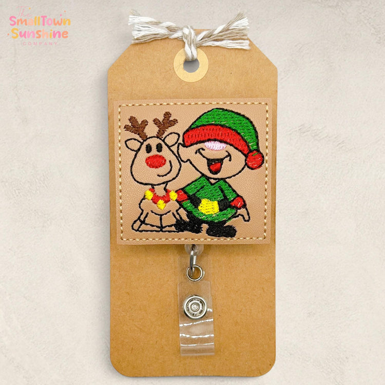 Reindeer & Elf Retractable Badge Reel: Christmas ID Holder, Name Tag, Swappable Topper, Coworker Gift, Lanyard, MRI Safe, Heavy Duty Clip