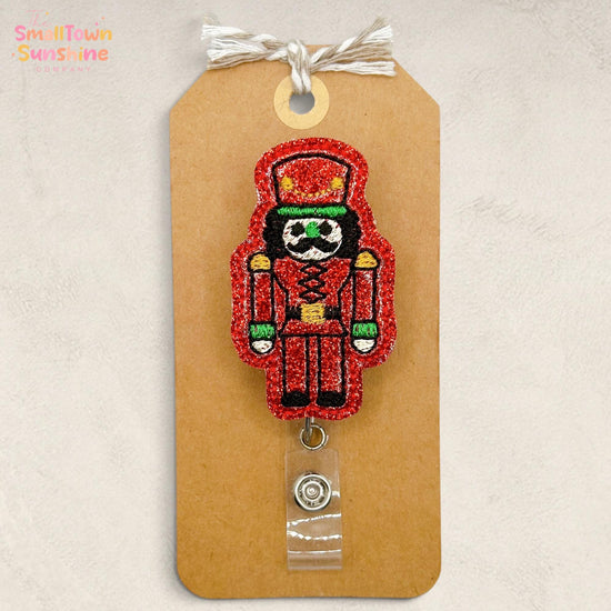 Nutcracker Retractable Badge Reel: Christmas ID Holder, Name Tag, Swappable Topper, Coworker Gift, Lanyard, MRI Safe, Heavy Duty | GLITTER