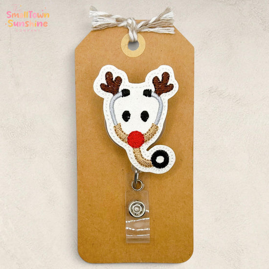 Reindeer Stethoscope Retractable Badge Reel: Christmas ID Holder, Name Tag, Topper, Coworker Gift, Lanyard, MRI Safe, Heavy Duty | GLITTER
