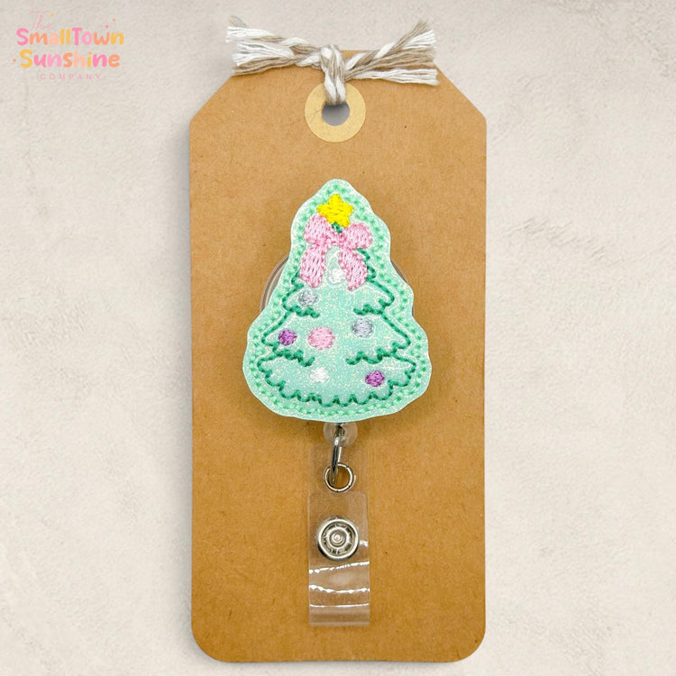 Mint Christmas Tree Retractable Badge Reel: ID Holder, Name Tag, Swappable Topper, Coworker Gift, Lanyard, MRI Safe, Heavy Duty | GLITTER