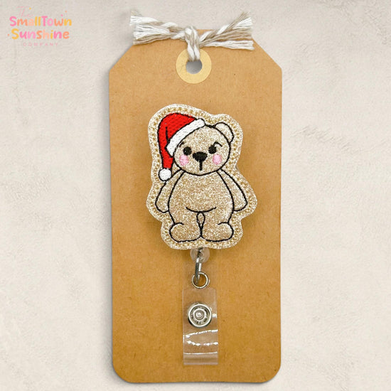 Santa Bear Retractable Badge Reel: Christmas ID Holder, Name Tag, Swappable Topper, Coworker Gift, Lanyard, MRI Safe, Heavy Duty | GLITTER