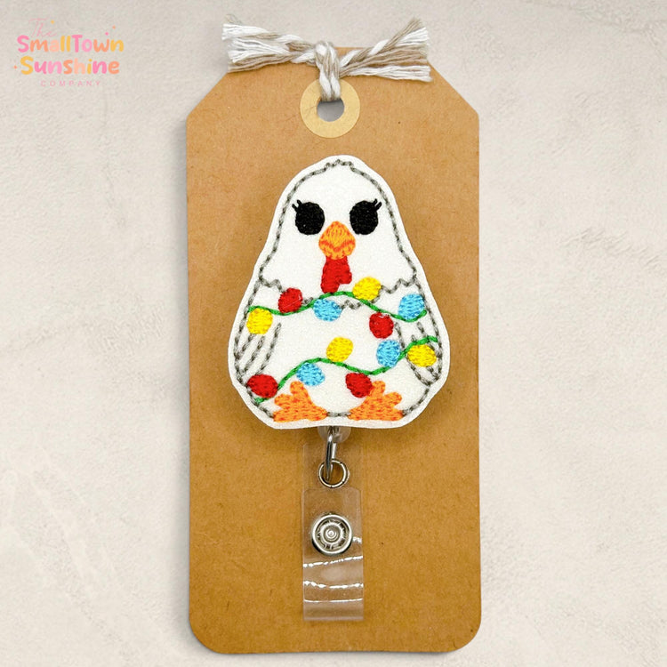Chicken with Lights Retractable Badge Reel: Christmas ID Holder, Name Tag, Topper, Coworker Gift, Lanyard, MRI Safe, Heavy Duty | GLITTER