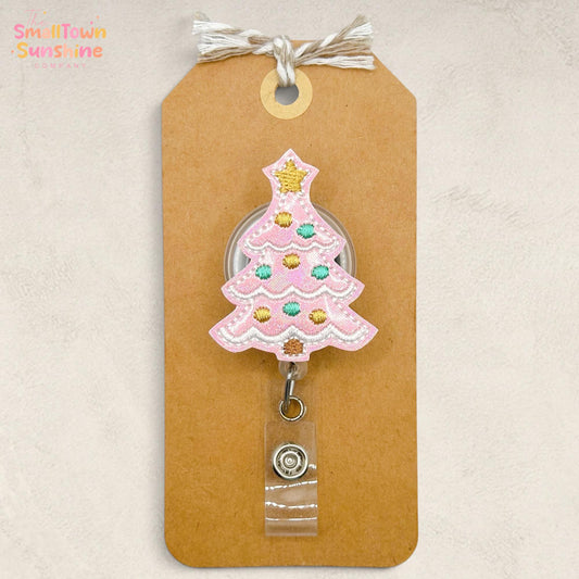 Pink Christmas Tree Retractable Badge Reel: Holiday ID Holder, Name Tag, Swappable Topper, Coworker Gift, Lanyard, MRI Safe, Heavy Duty