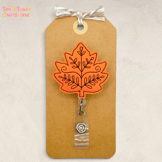 Orange Leaf Retractable Badge Reel: Autumn ID Holder, Name Tag, Swappable Topper, Coworker Gift, Lanyard, MRI Safe, Heavy Duty Clip