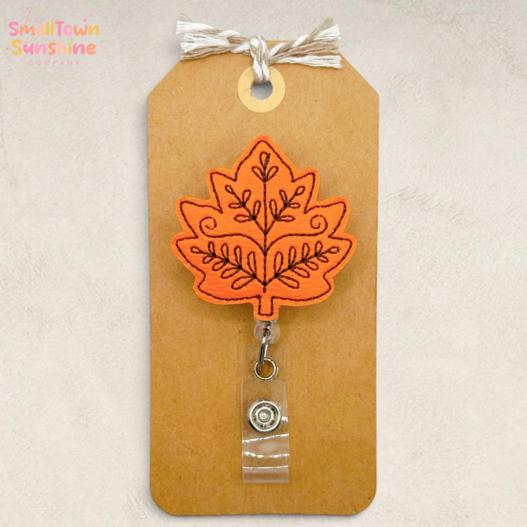 Orange Leaf Retractable Badge Reel: Autumn ID Holder, Name Tag, Swappable Topper, Coworker Gift, Lanyard, MRI Safe, Heavy Duty Clip