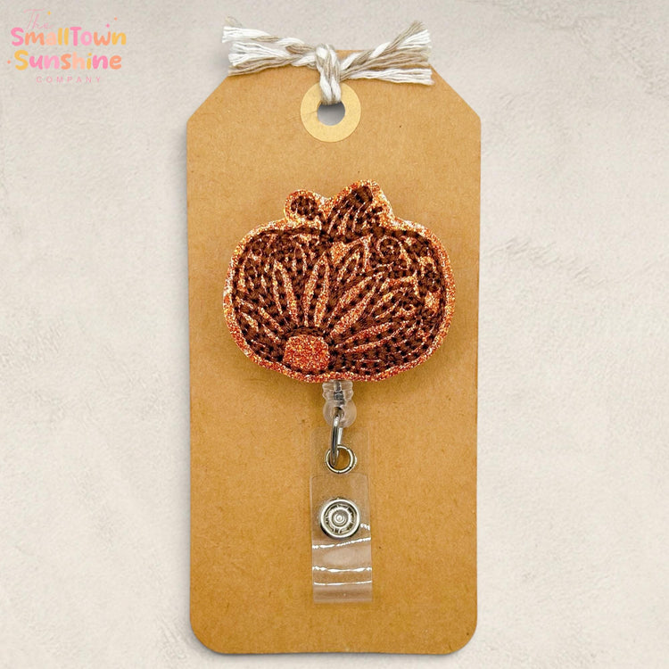 Orange Sunflower Pumpkin Retractable Badge Reel: Autumn ID Holder, Name Tag, Topper, Coworker Gift, Lanyard, MRI Safe, Heavy Duty | GLITTER