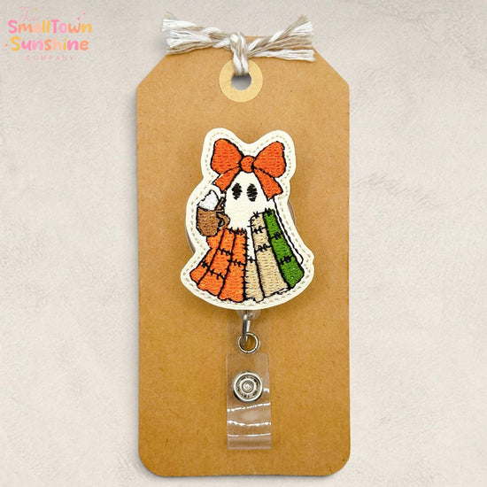 Patchwork Ghost Retractable Badge Reel: Halloween ID Holder, Name Tag, Swappable Topper, Coworker Gift, Lanyard, MRI Safe, Heavy Duty Clip