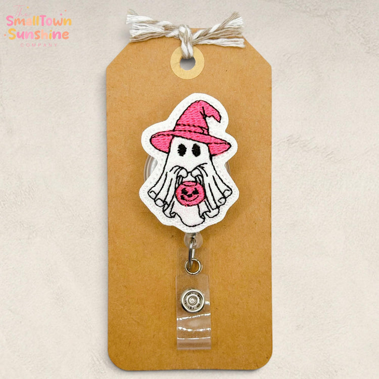 Pink Ghost Witch Retractable Badge Reel: Halloween ID Holder, Name Tag, Topper, Coworker Gift, Lanyard, MRI Safe, Heavy Duty Clip | GLITTER