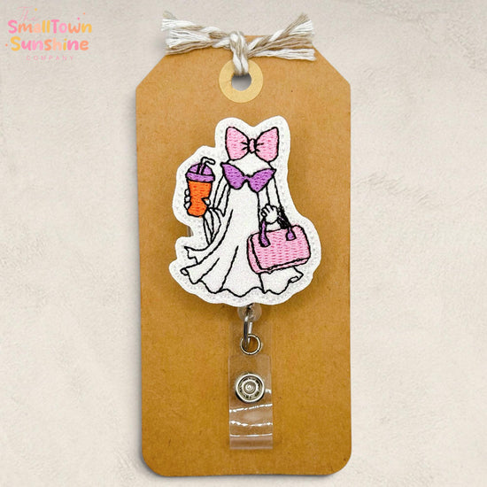 Fab Girl Ghost Retractable Badge Reel: Halloween ID Holder, Name Tag, Topper, Coworker Gift, Lanyard, MRI Safe, Heavy Duty Clip | GLITTER