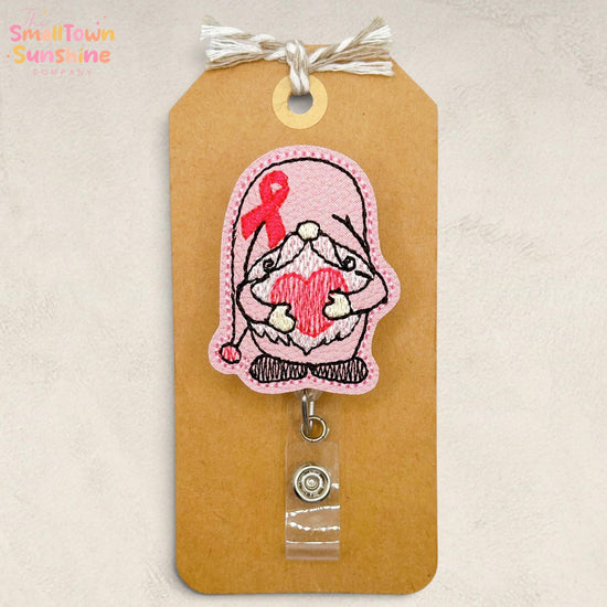 Breast Cancer Gnome Retractable Badge Reel: Pink Awareness ID Holder, Name Tag, Topper, Coworker Gift, Lanyard, MRI Safe Heavy Duty Clip