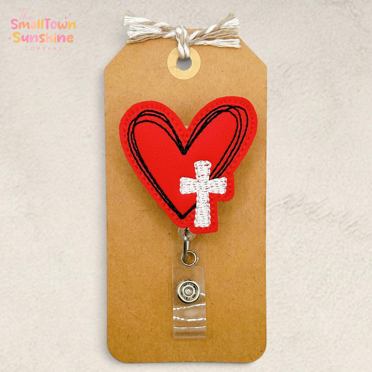 Sketched Heart Cross Retractable Badge Reel: Faith ID Holder, Name Tag, Swappable Topper, Coworker Gift, Lanyard, MRI Safe, Heavy Duty
