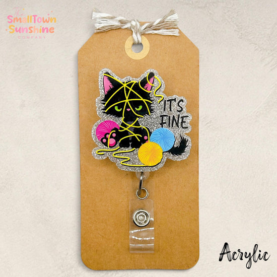 It’s Fine Retractable Badge Reel: Funny Cat Id Holder, Name Tag, Topper, Coworker Gift, Lanyard, MRI Safe, Heavy Duty | ACRYLIC GLITTER