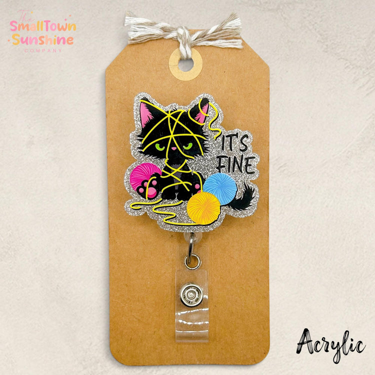 It’s Fine Retractable Badge Reel: Funny Cat Id Holder, Name Tag, Topper, Coworker Gift, Lanyard, MRI Safe, Heavy Duty | ACRYLIC GLITTER