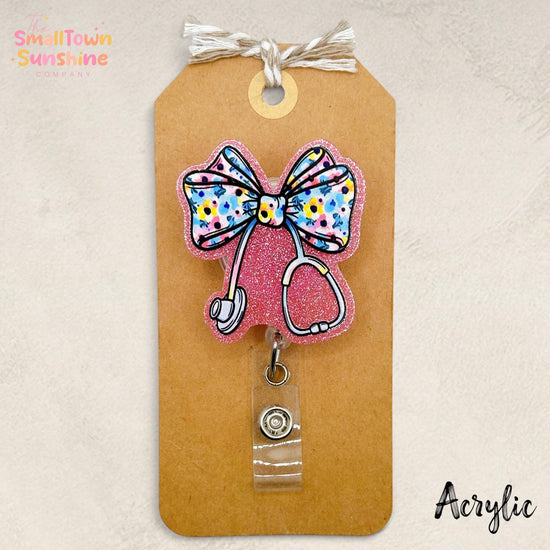 Pink Stethoscope Bow Retractable Badge Reel: ID Holder, Name Tag, Topper, Coworker Gift, Lanyard, Mri Safe, Heavy Duty | ACRYLIC GLITTER