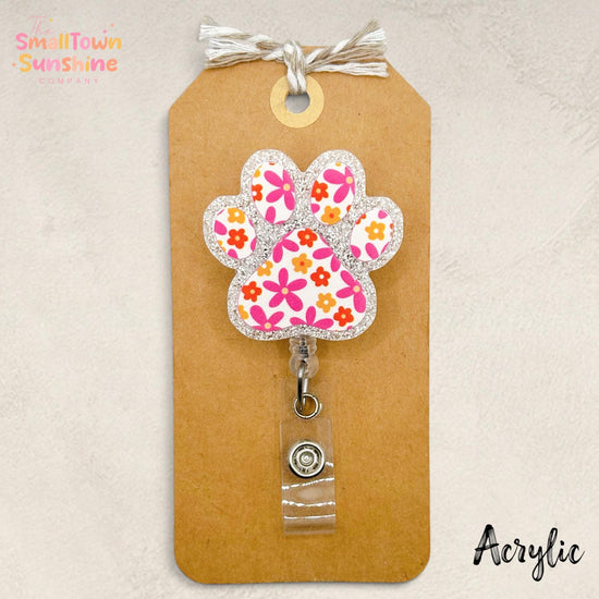 Floral Paw Print Retractable Badge Reel: Animal Id Holder, Name Tag, Topper, Coworker Gift, Lanyard, MRI Safe, Heavy Duty | GLITTER ACRYLIC