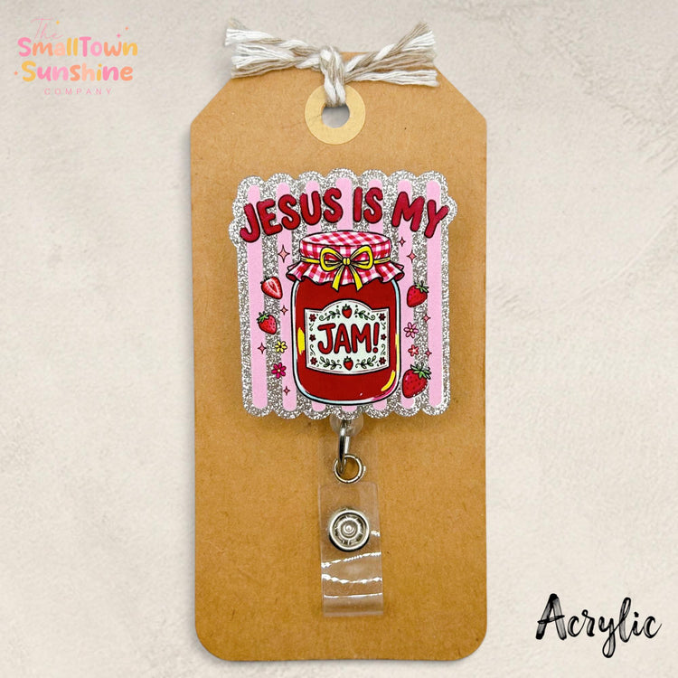 Jesus is My Jam Retractable Badge Reel: Faith ID Holder, Name Tag, Topper, Coworker Gift, Lanyard, Mri Safe, Heavy Duty | GLITTER ACRYLIC
