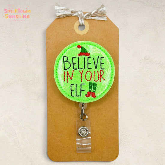 Believe in Your Elf Retractable Badge Reel: Christmas ID Holder, Name Tag, Topper, Coworker Gift, Lanyard, MRI Safe, Heavy Duty | GLITTER