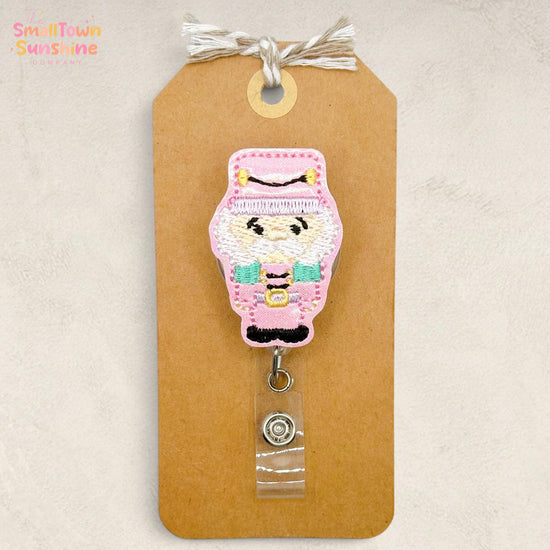 Pink Nutcracker Retractable Badge Reel: Christmas ID Holder, Name Tag, Swappable Topper, Coworker Gift, Lanyard, MRI Safe, Heavy Duty Clip