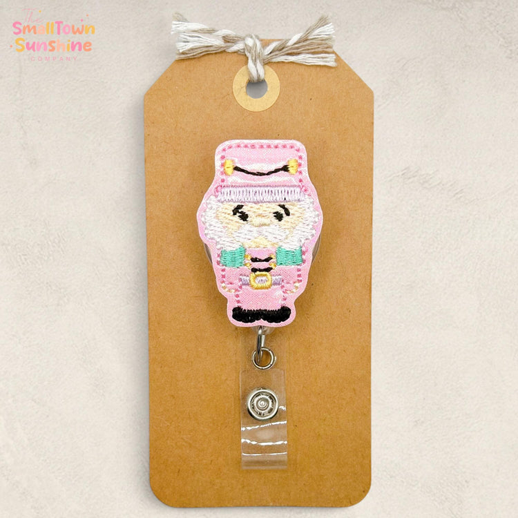 Pink Nutcracker Retractable Badge Reel: Christmas ID Holder, Name Tag, Swappable Topper, Coworker Gift, Lanyard, MRI Safe, Heavy Duty Clip