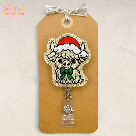 Christmas Highland Cow Retractable Badge Reel: ID Holder, Name Tag, Swappable Topper, Coworker Gift, Lanyard, MRI Safe, Heavy Duty | GLITTER
