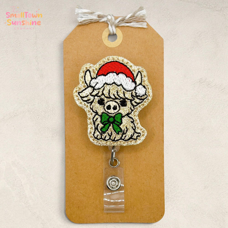 Christmas Highland Cow Retractable Badge Reel: ID Holder, Name Tag, Swappable Topper, Coworker Gift, Lanyard, MRI Safe, Heavy Duty | GLITTER
