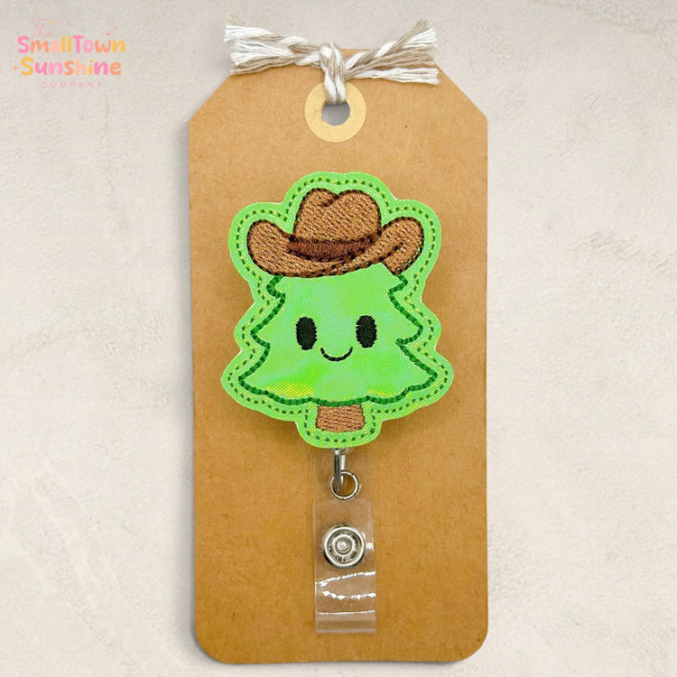 Western Christmas Tree Retractable Badge Reel: ID Holder, Name Tag, Swappable Topper, Coworker Gift, Lanyard, MRI Safe, Heavy Duty Clip