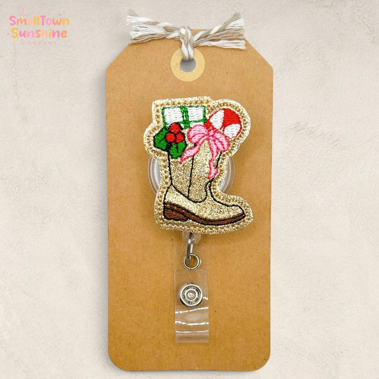 Western Christmas Boot Retractable Badge Reel: ID Holder, Name Tag, Swappable Topper, Coworker Gift, Lanyard, MRI Safe, Heavy Duty | GLITTER