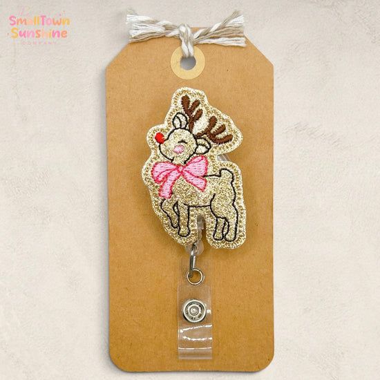 Pink Bow Reindeer Retractable Badge Reel: ID Holder, Name Tag, Swappable Topper, Coworker Gift, Lanyard, MRI Safe, Heavy Duty | GLITTER