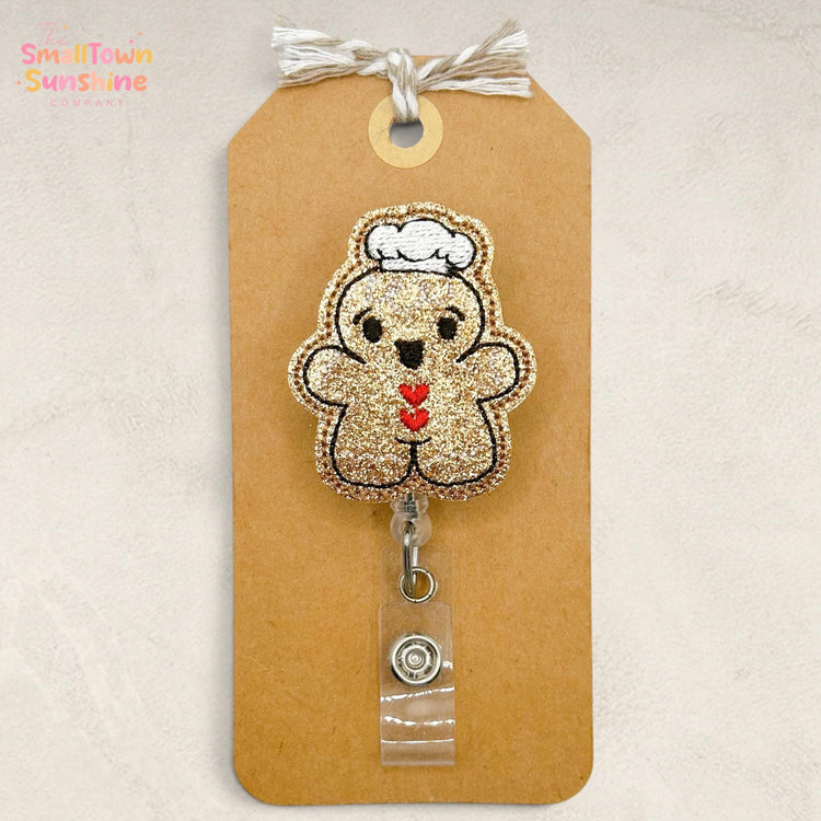 Gingerbread Baker Retractable Badge Reel: Christmas ID Holder, Name Tag, Topper, Coworker Gift, Lanyard, MRI Safe, Heavy Duty | GLITTER