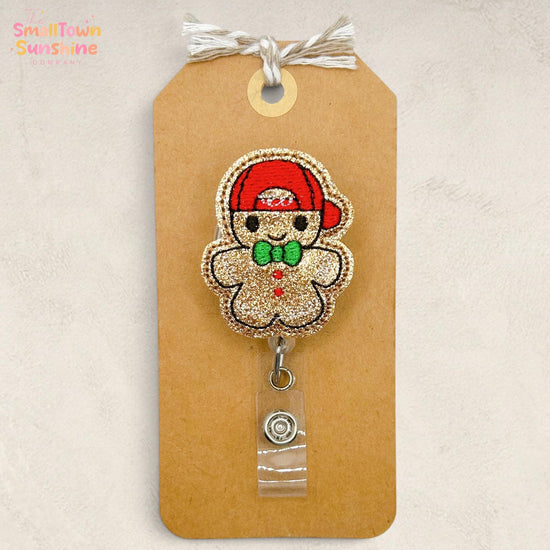 Gingerbread Boy Retractable Badge Reel: Christmas ID Holder, Name Tag, Topper, Coworker Gift, Lanyard, MRI Safe, Heavy Duty | GLITTER